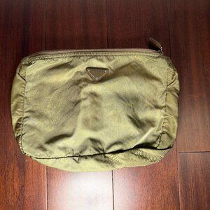 Prada Logo Plate Nylon Cosmetic Pouch Olive Green